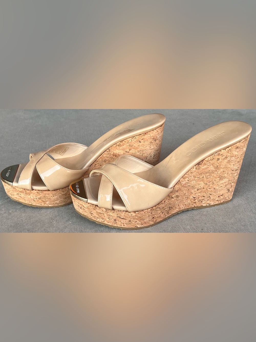 Jimmy Choo Perfume Nude Patent Leather Cork Platform Wedge Slide Sandals EU 38
